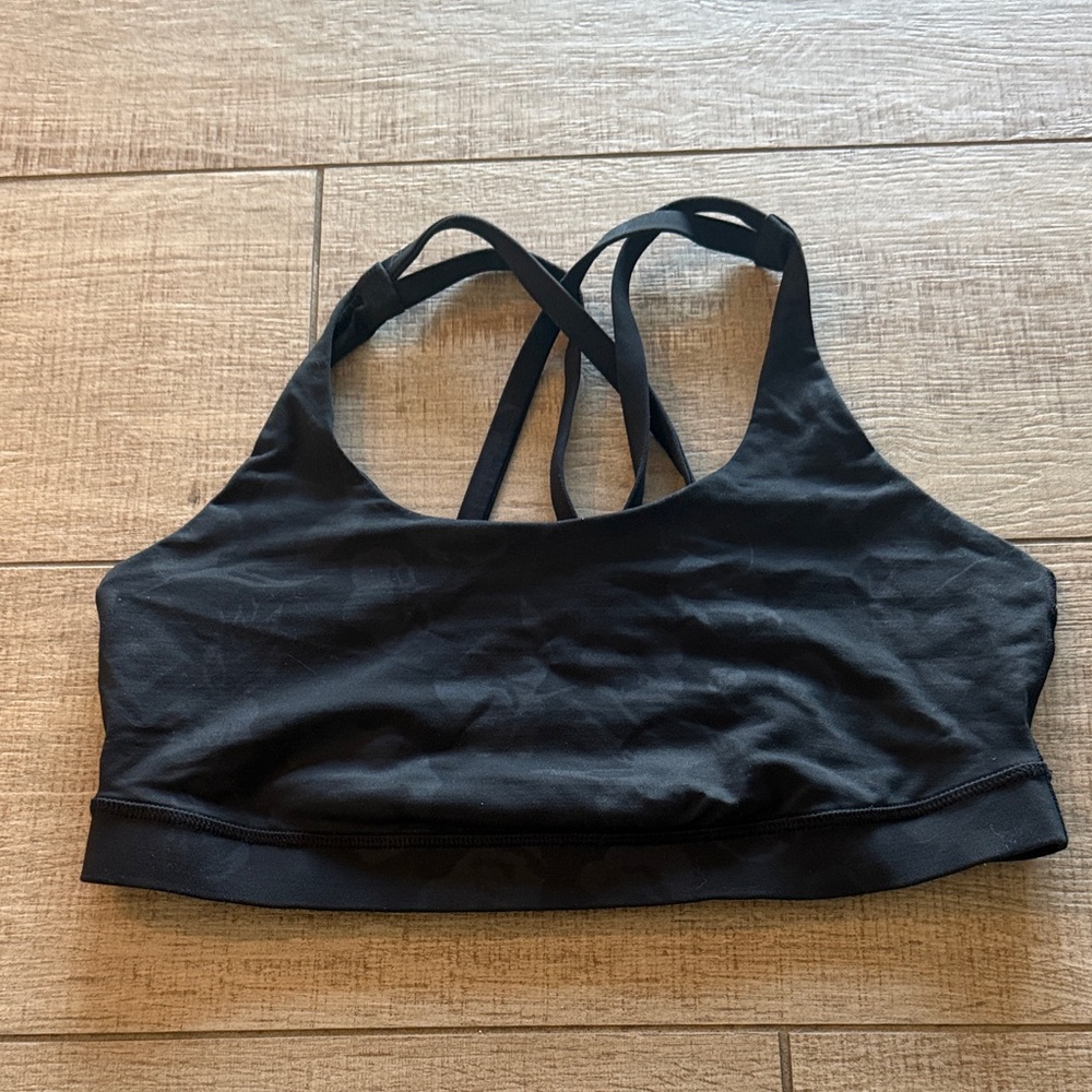Lululemon Black Sports Bra with Crossback Design and black floral print 8 10
